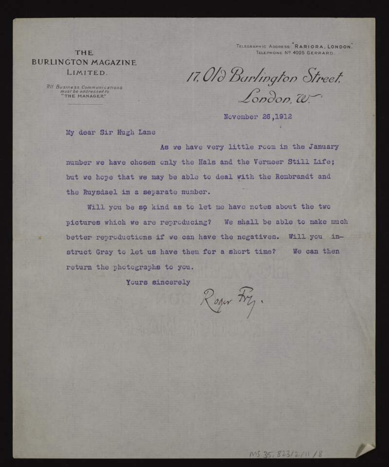 Typescript letter from Roger E. Fry, on behalf of the 'Burlington Magazine', to Hugh Lane asking him for notes about the pictures the magazine is reproducing in their January edition,