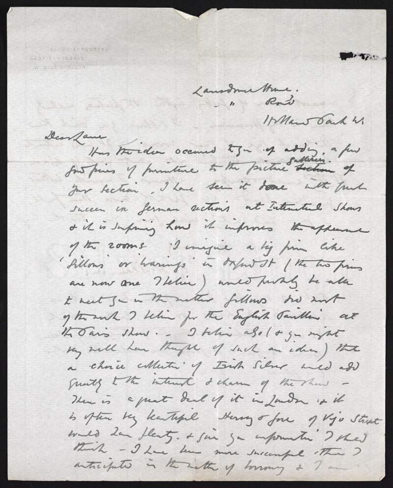 Letter from C.H. Shannon to Hugh Lane suggesting that he add some furniture and silver to an exhibition at the Guild Hall,