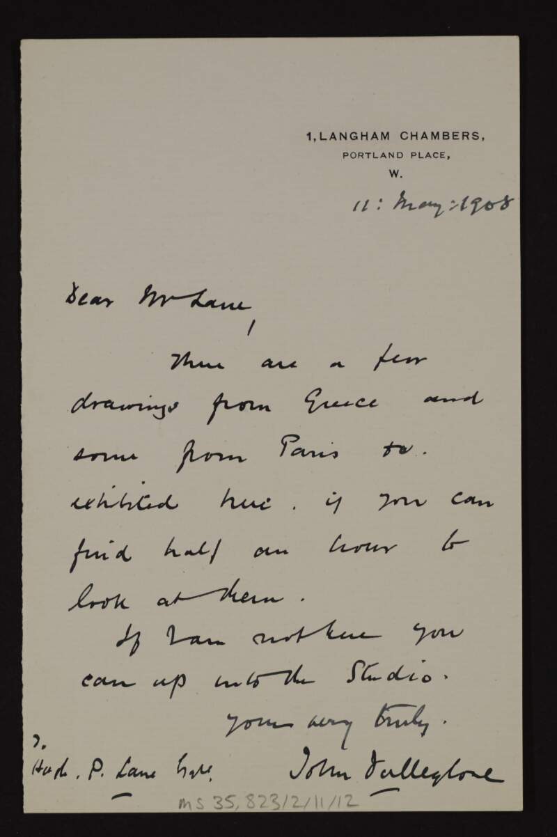 Letter from John Fulleylove to Hugh Lane asking him to come see drawings from Greece and Paris,