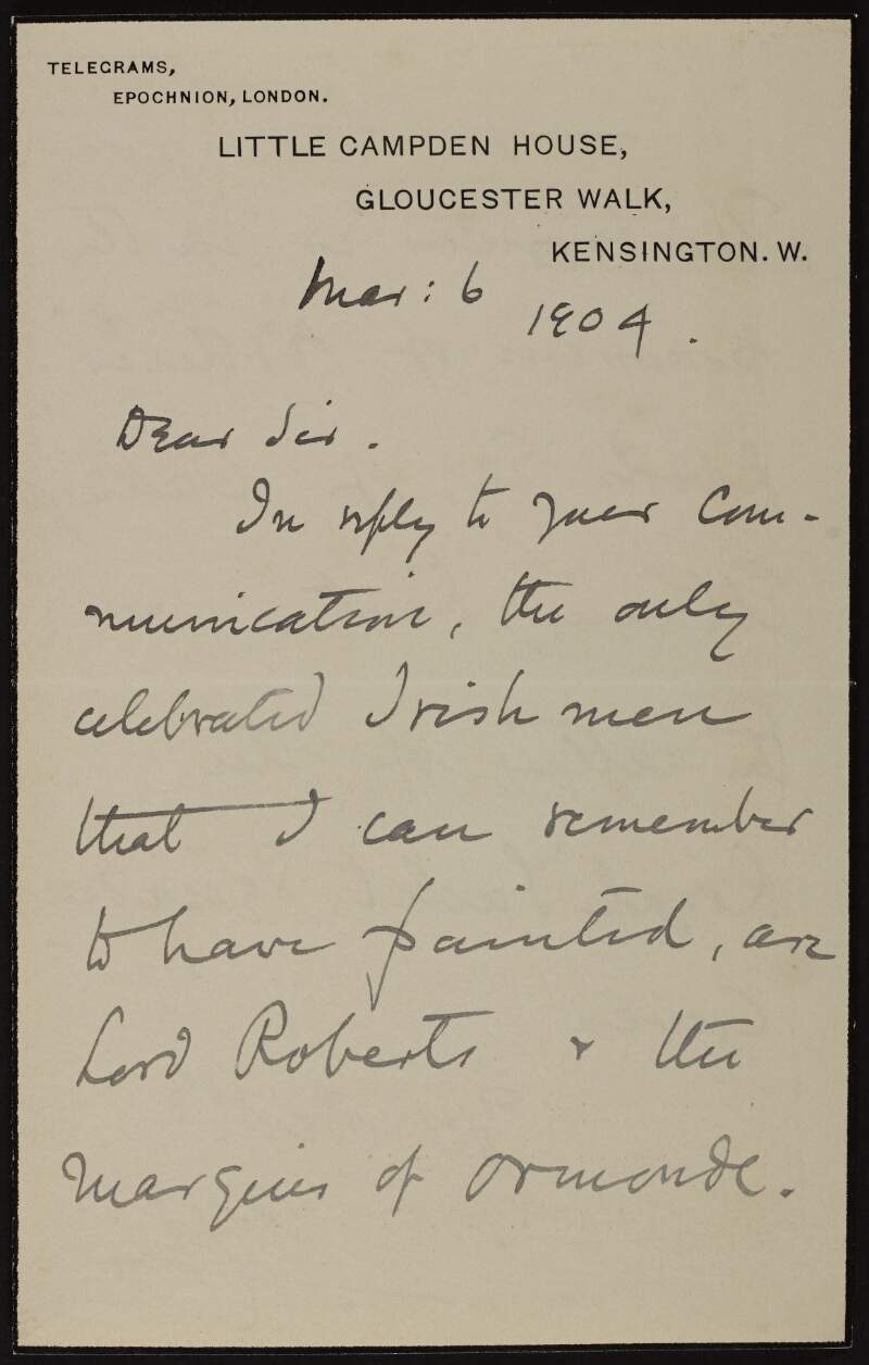 Letter from Augustus John to Hugh Lane regarding the addresses of famous Irish men that he has painted