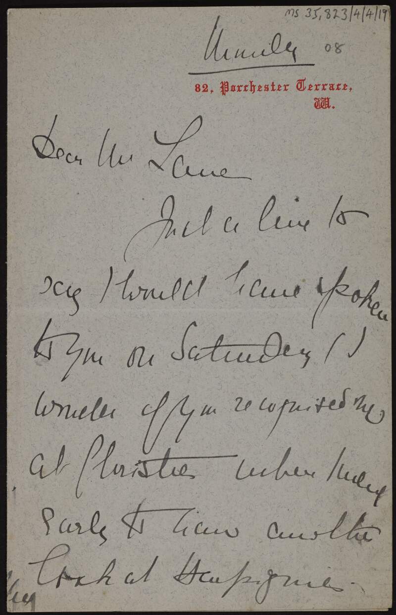 Letter from Evelyn Ponsonby McGhee to Hugh Lane regarding a meeting and asking that his name not be attached to any gifts to a gallery,