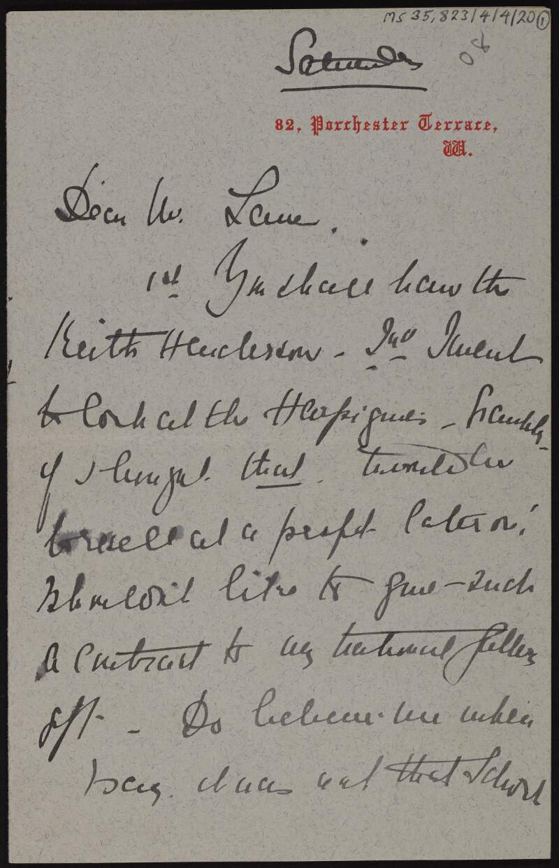 Letter from Evelyn Ponsonby McGhee to Hugh Lane regarding the donation of works to an art gallery,