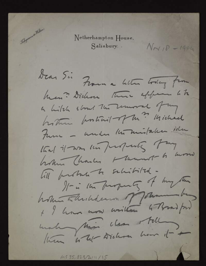 Letter from J. H. M. Furse to Hugh Lane regarding the ownership of a portrait destined for Lane,