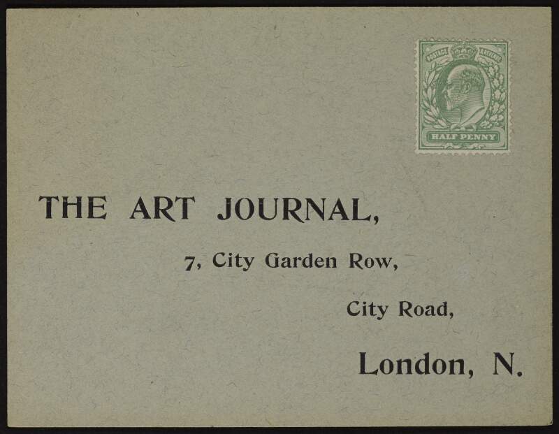 Postcard from Hugh Lane to The Art Journal granting permission to the Journal to photograph and reproduce a picture by Augustus John,