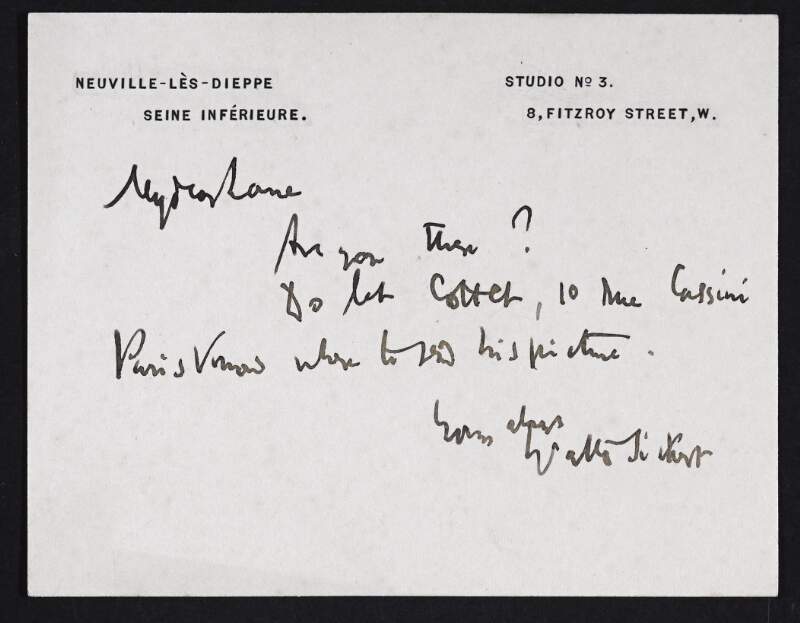 Letter from Walter Sickert to Hugh Lane asking him to let an artist know where to send their picture,