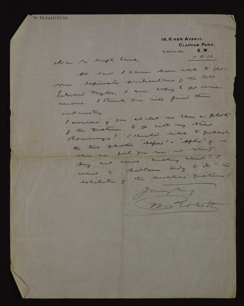 Letter from William Roberts to Hugh Lane about some pictures by Edward Tayler that he might find interesting,