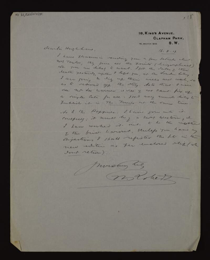 Letter from William Roberts to Hugh Lane about obtaining some biographical details on the artist Edward Tayler,