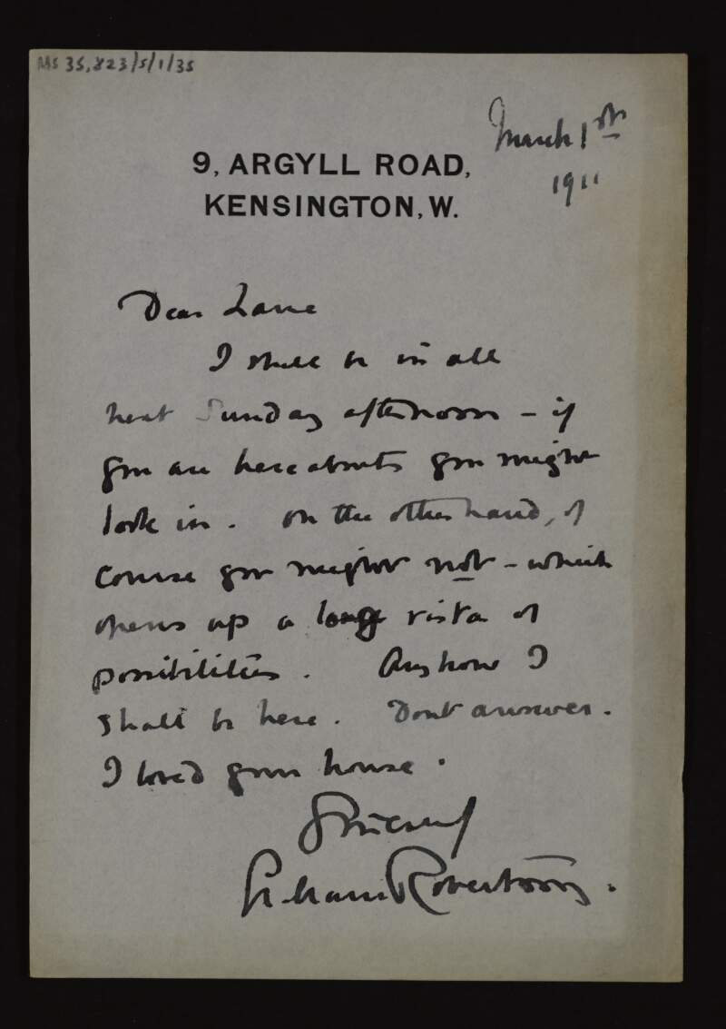 Letter from W. Graham Robertson to Hugh Lane, saying he will be at home all of next Sunday afternoon,