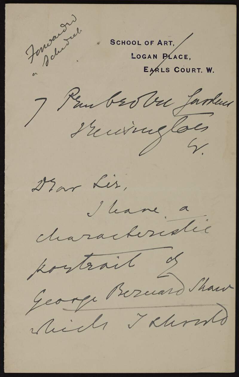 Letter from Louise Jopling to Hugh Lane informing him she has a characteristic portrait of George Bernard Shaw which she would be pleased to send to the St. Louis Exhibition,