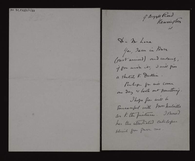 Letter from W. Graham Robertson to Hugh Lane, inviting him to visit now that he is in town and offering him a sketch of Dublin,
