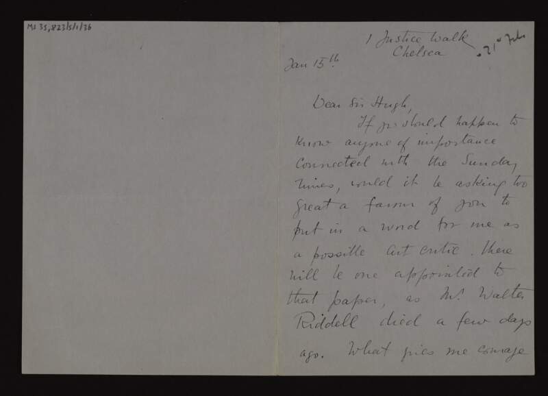 Letter from N. Murray Robertson to Hugh Lane, asking if he knows anyone important who is connected with the 'Sunday Times' as Walter Riddell has died, creating a vacancy,