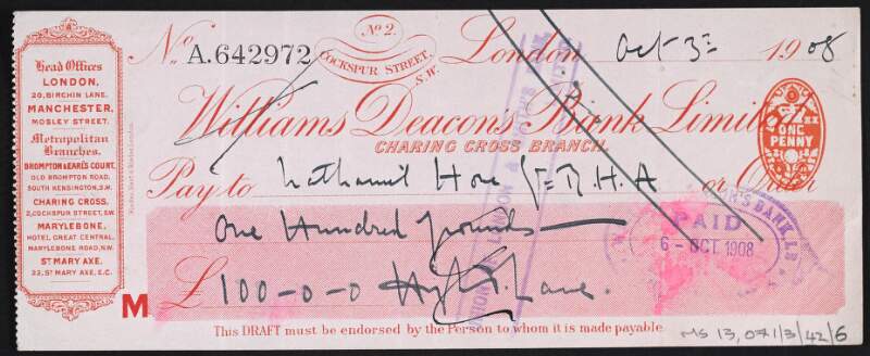 Cashed cheque from Hugh Lane to Nathaniel Hone for £100,