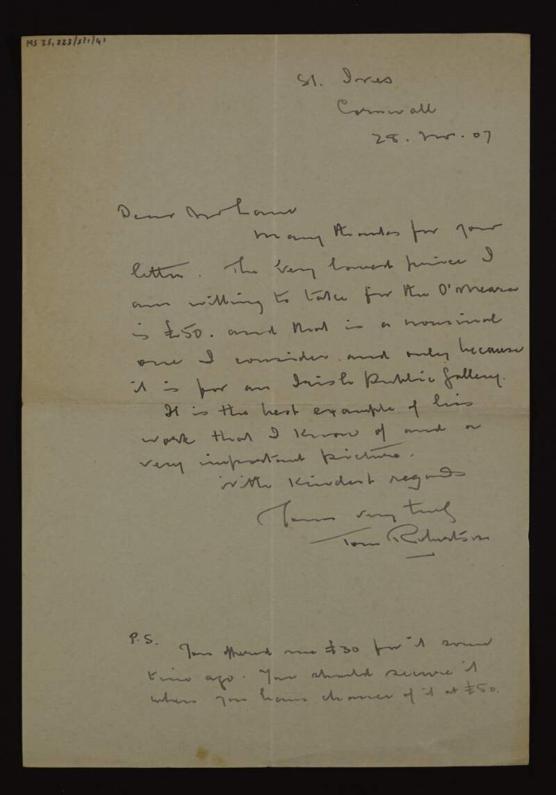 Letter from Tom Robertson to Hugh Lane, giving £50 as the lowest price he is prepared to sell his Frank O'Meara picture for,