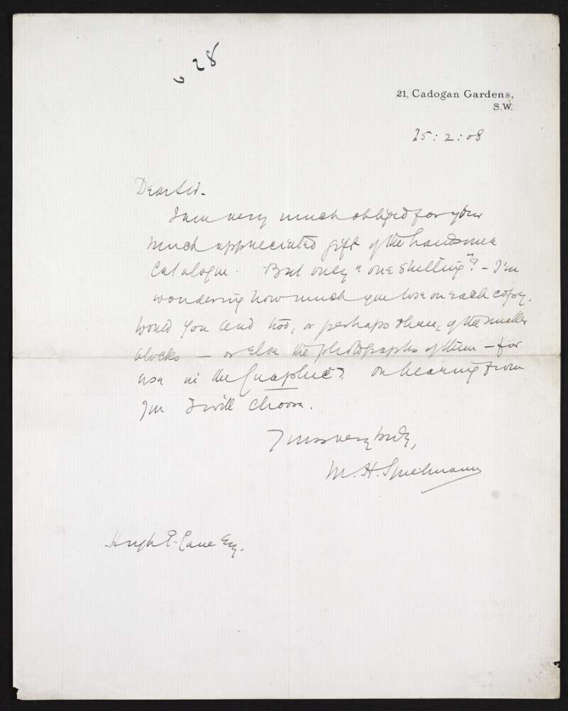Letter from M.H. Spielmann to Hugh Lane thanking him for a catalogue and asking if he could loan clocks or photographs of them for use in the 'Graphic',