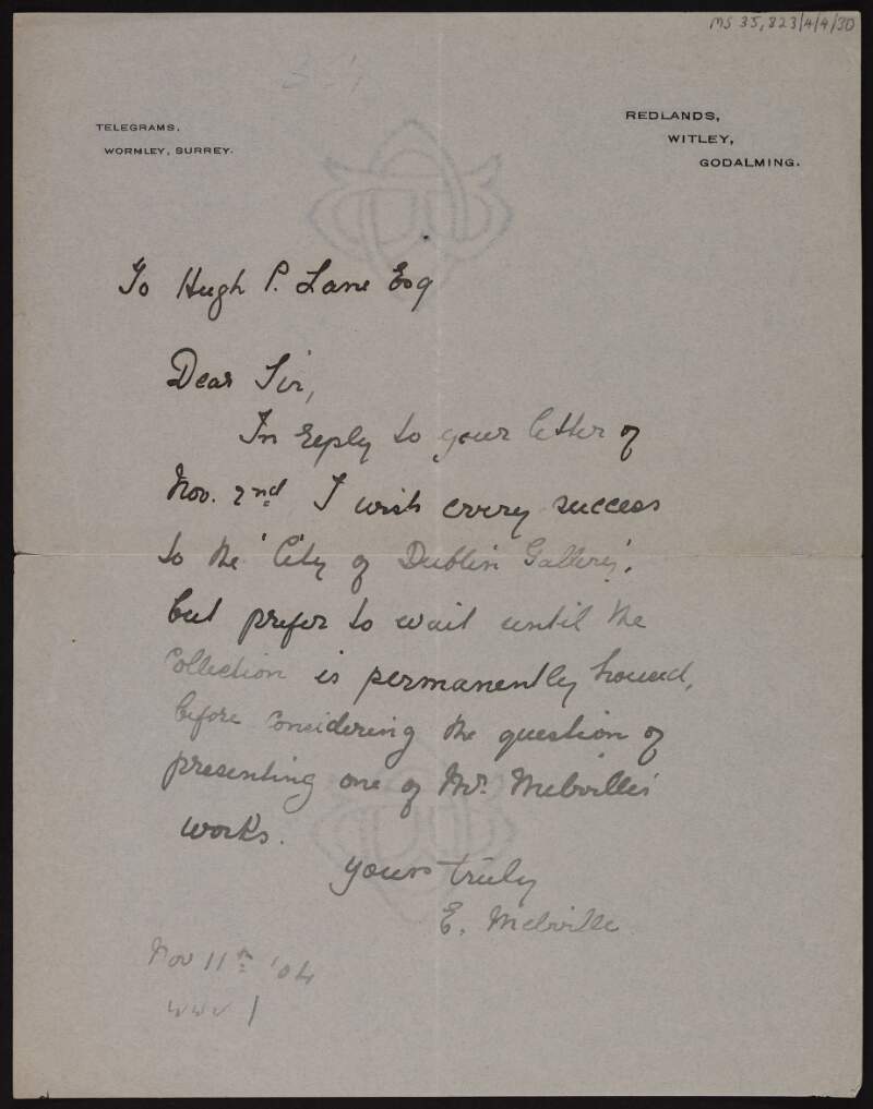 Letter from Ethel Melville to Hugh Lane regarding the donation of one of her husband's works,