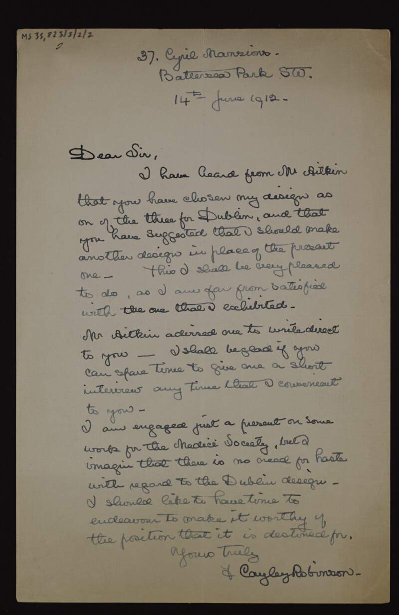 Letter from Frederic Cayley Robertson to Hugh Lane about hearing from Charles Aitken about the pictures Hugh Lane has chosen for the Municipal Gallery of Modern Art in Dublin,