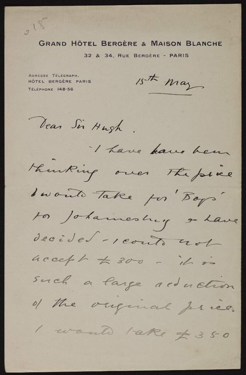 Letter from Laura Knight to Hugh Lane informing him that she cannot accept £300 for her picture 'The Boys' for the Johannesburg Gallery as it is such a large reduction, and providing her future address,