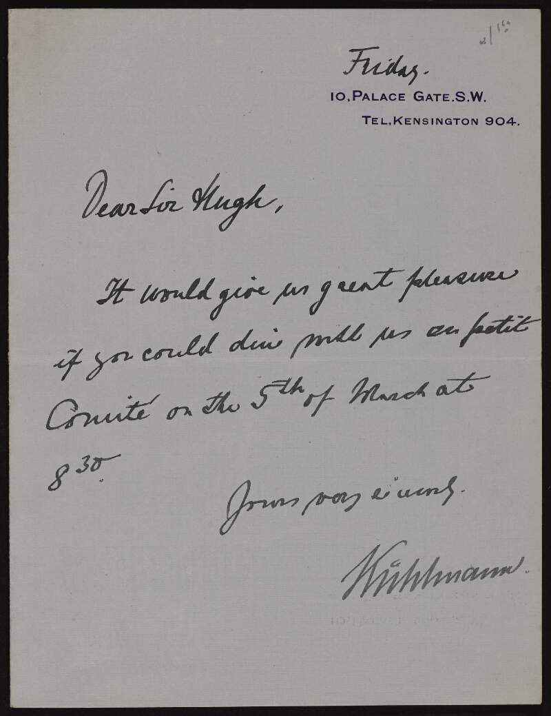 Letter from Emile Kühlmann to Hugh Lane requesting if he would dine with the "petite comité" on the 5th of March at 8.30pm,