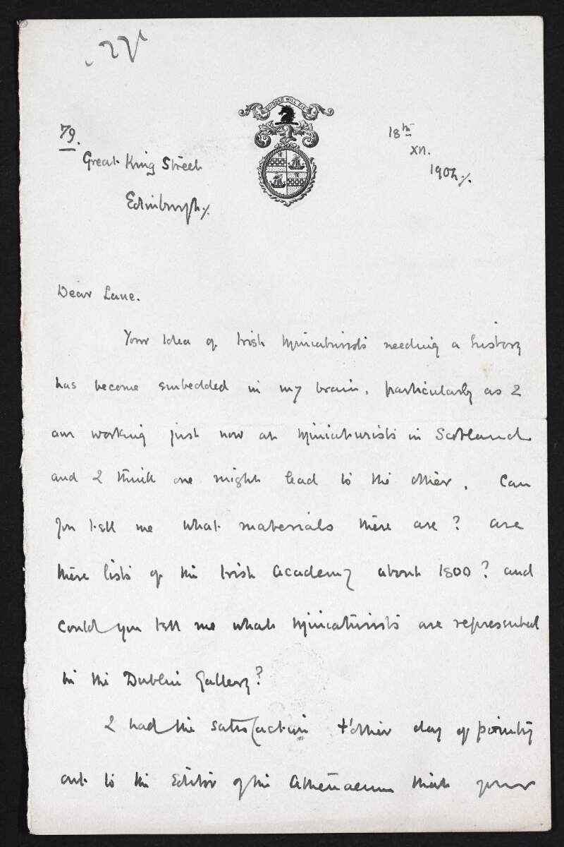 Letter from A. Francis Steuart to Hugh Lane regarding miniature painting in Ireland,