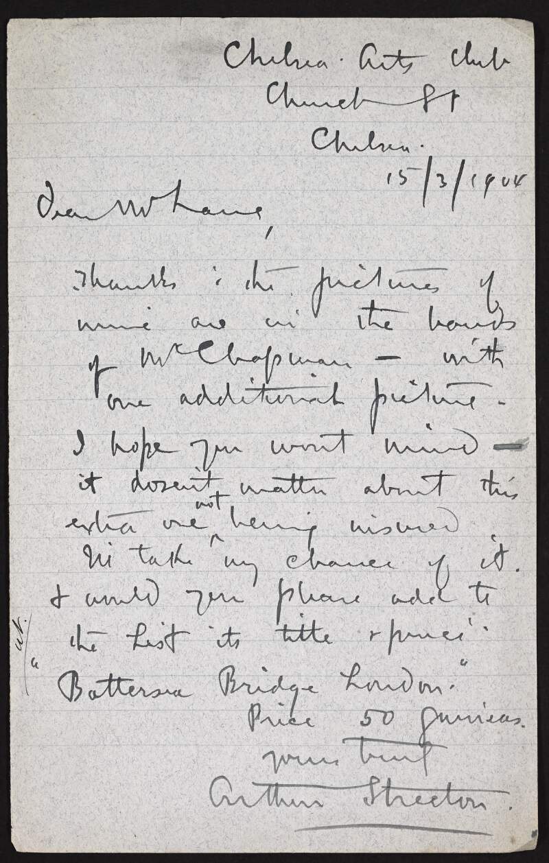 Letter from Arthur Streeton to Hugh Lane regarding the collection and insurance of pictures for exhibition,