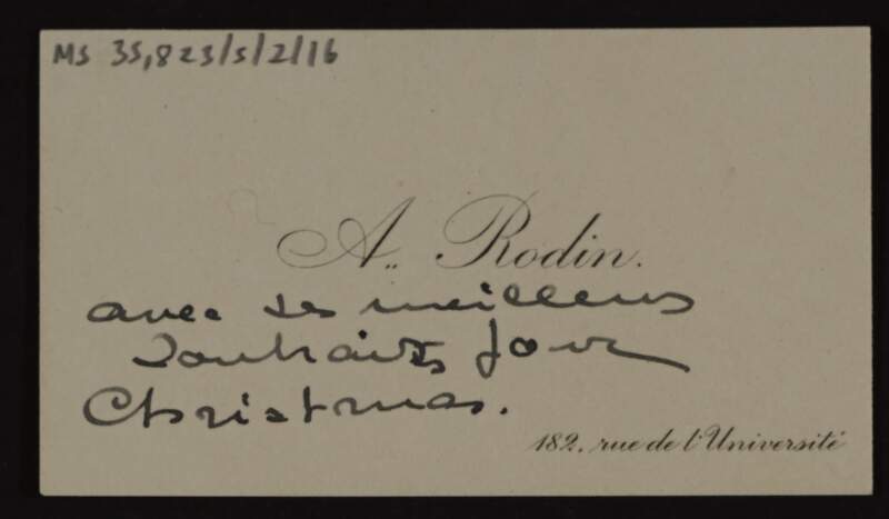 Business card for Auguste Rodin, with handwritten message wishing Hugh Lane a merry Christmas,