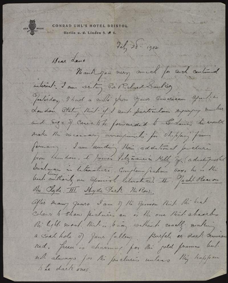 Letter from Sir John Lavery to Hugh Lane informing him he received contact from Lane's American agent in London regarding the St. Louis exhibition, naming the additional pictures he is sending and discussing their display,