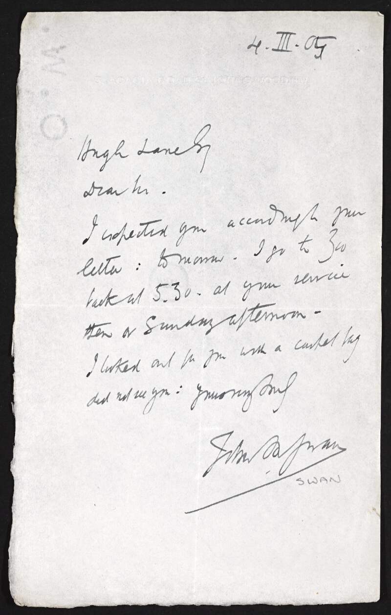 Letter from John Macallan Swan to Hugh Lane regarding a meeting,
