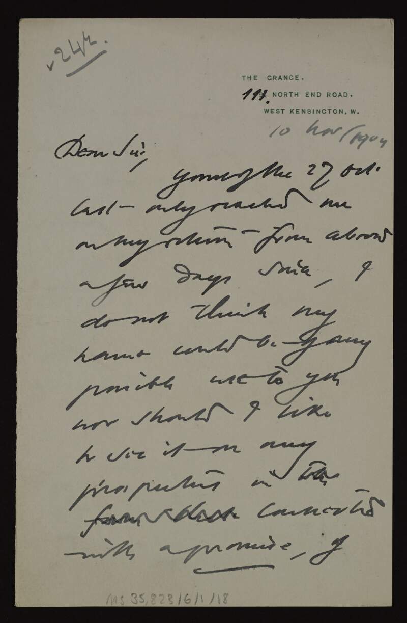 Letter from C. F. Murray to [Hugh Lane] informing him that he might contribute to the Dublin gallery if it is successfully established,