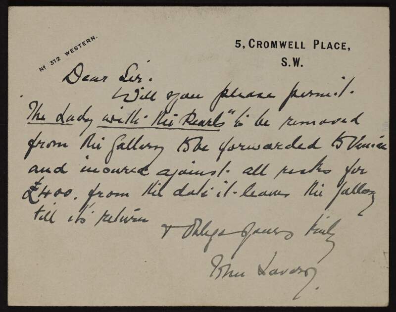 Postcard from Sir John Lavery to Hugh Lane requesting he permit "The Lady with the Pearls" be removed from the gallery and forwarded on to Venice and to provide insurance on the picture for £400,