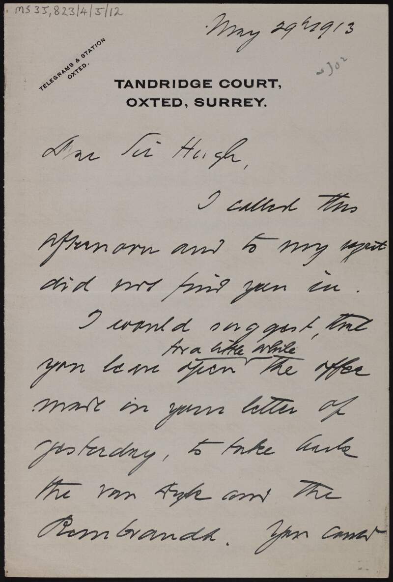 Letter from Sir Max Michaelis to Hugh Lane,