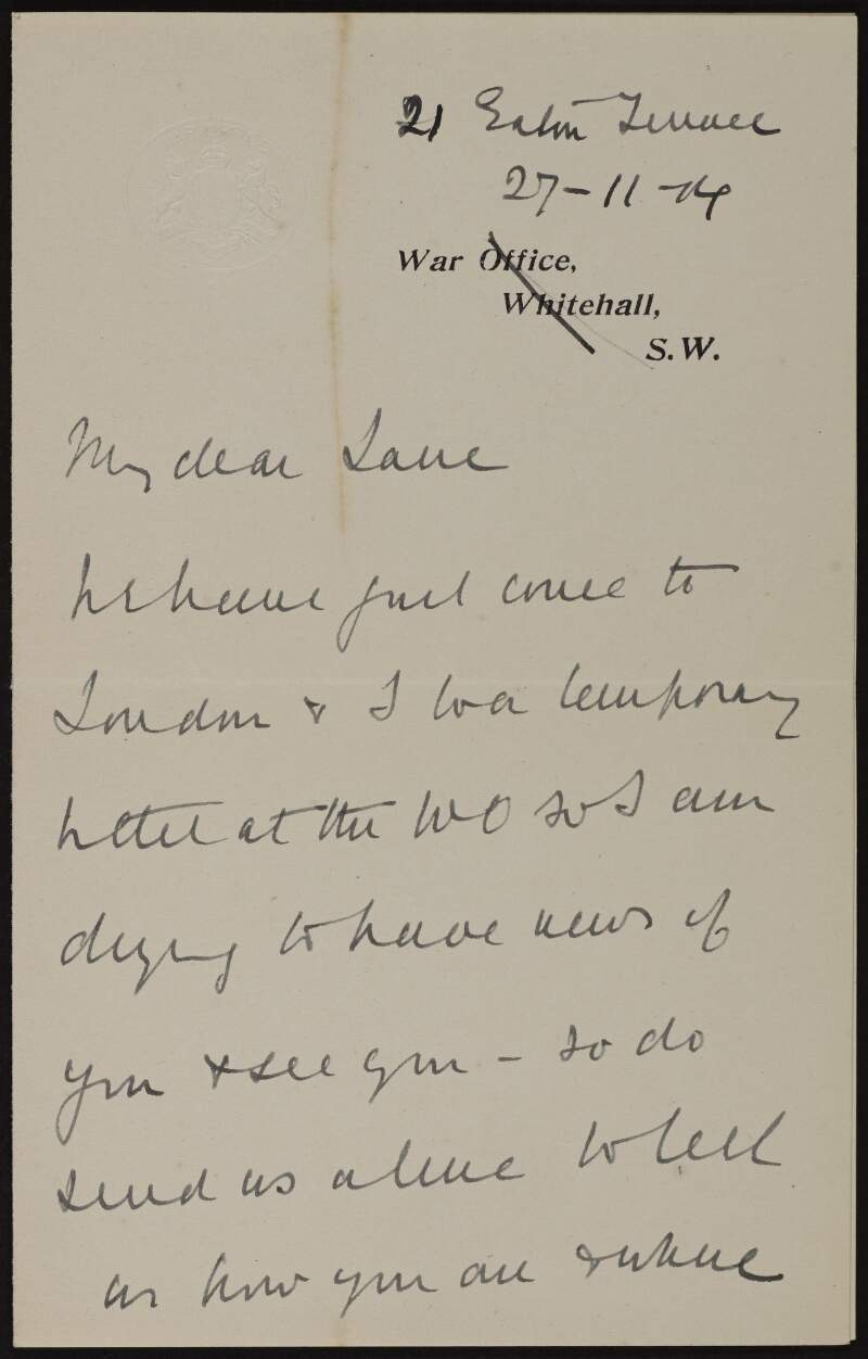 Letter from Sir Henry Merrick Lawson to Hugh Lane informing him that he is in London and arranging to meet,