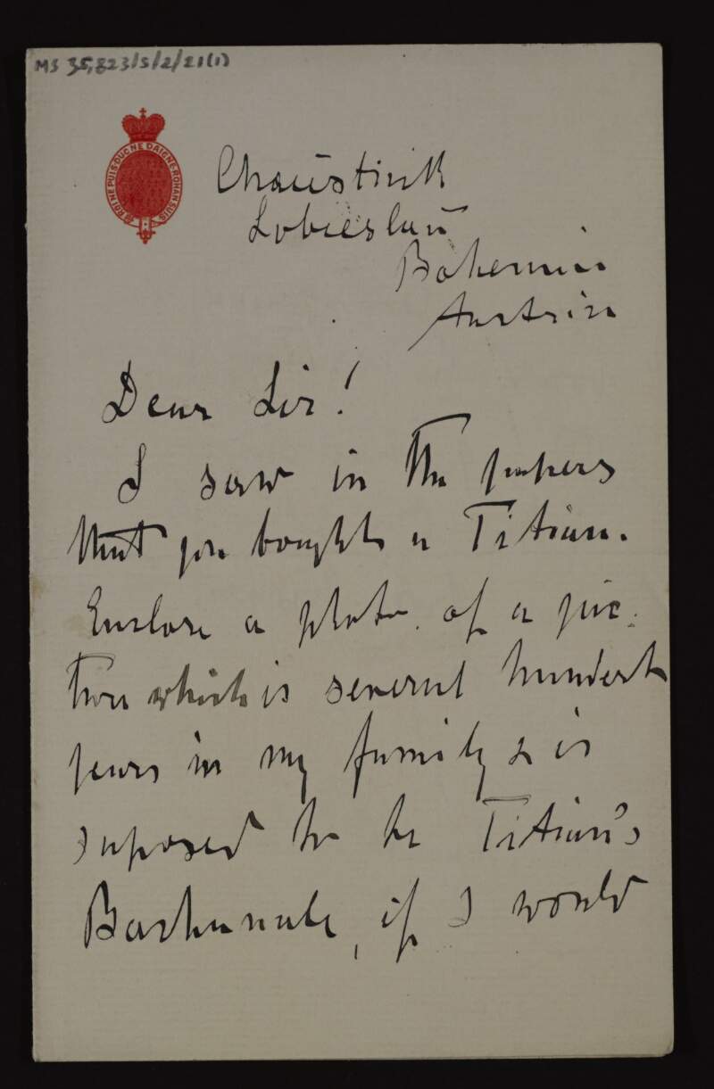 Letter from Raoul de Rohan to Hugh Lane about seeing in the papers how Lane had bought a Titian painting, with an enclosed photograph of a Titian painting which has been in his family for several hundred years and which he is willing to sell,