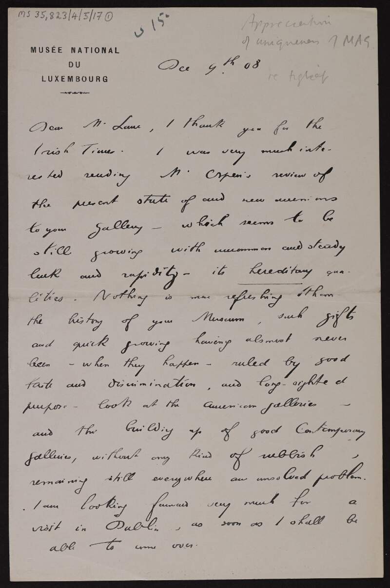 Letter from François Monod to Hugh Lane regarding the growing success of the modern art gallery in Dublin,
