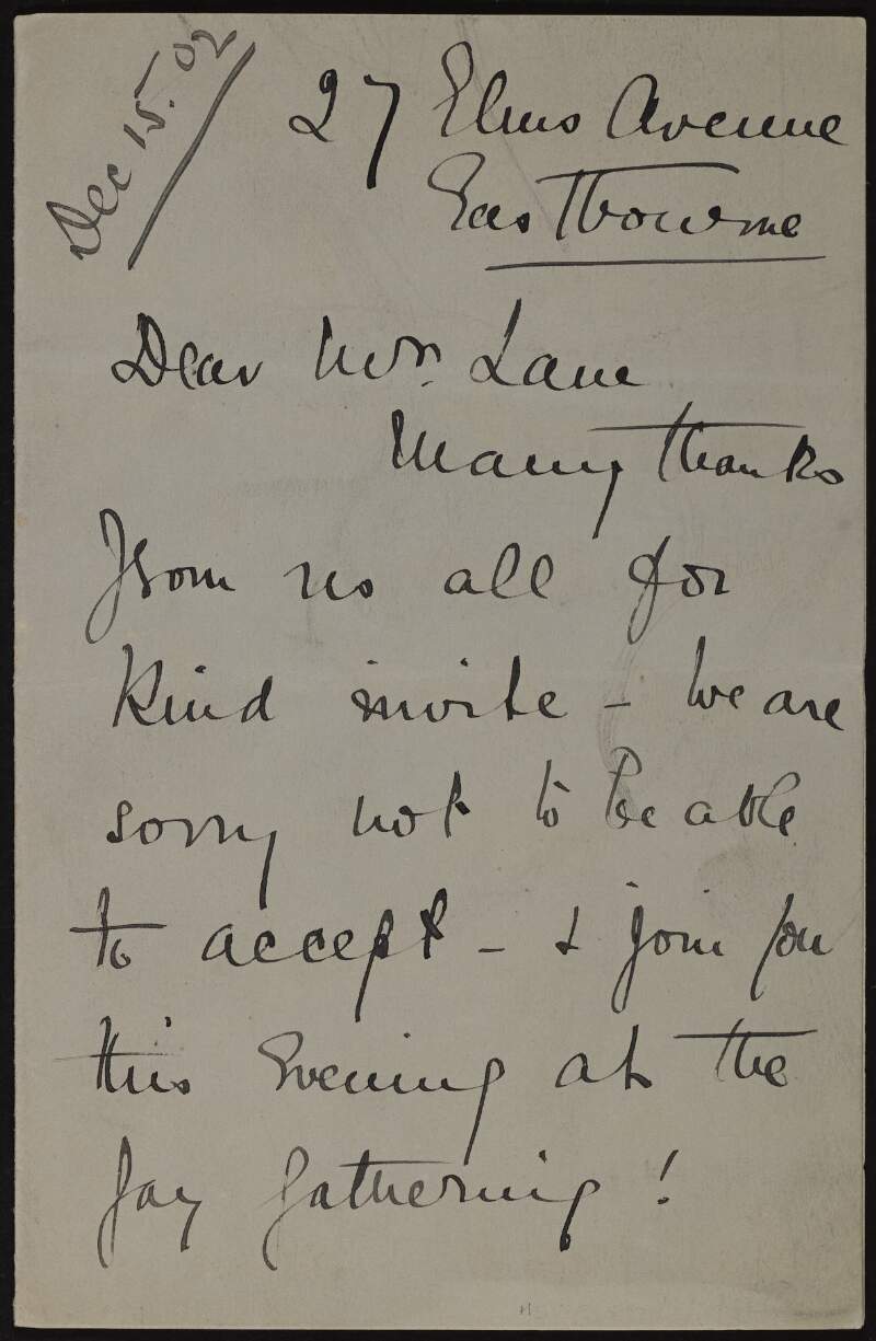 Letter from Teresa Del Riego to Hugh Lane declining an invitation to a gathering and providing her future address,