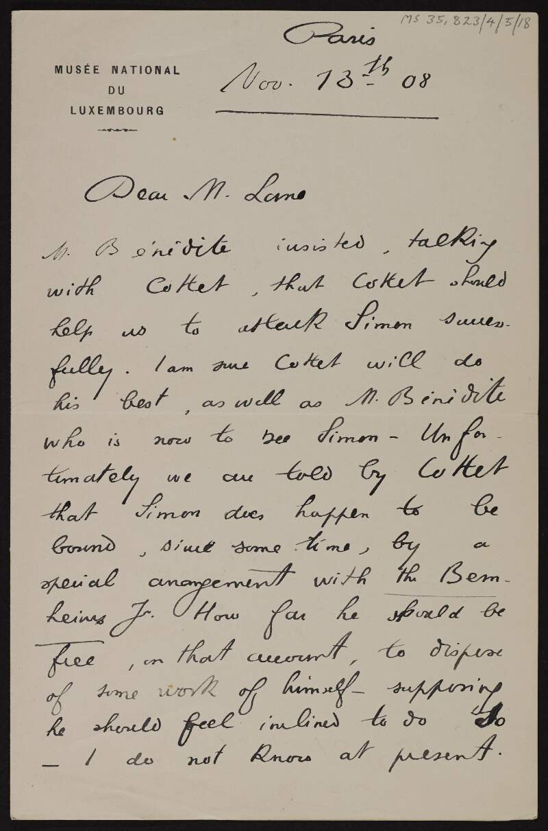 Letter from François Monod to Hugh Lane regarding acquaintances,
