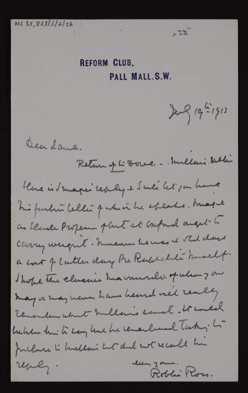 Letter from Robert Baldwin Ross to Hugh Lane, asking about a painting 'Return of the Dove' by John Everett Millais,