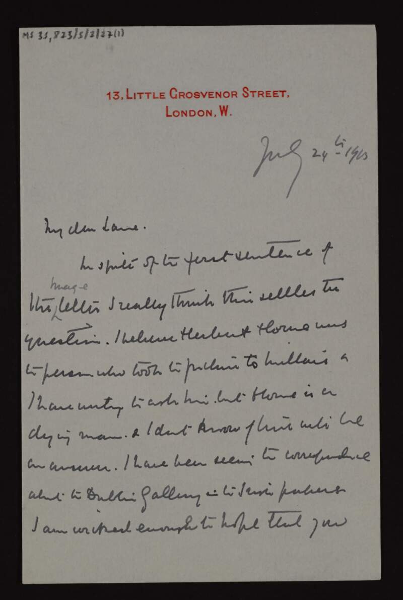 Letter from Robert Baldwin Ross to Hugh Lane with two attached letters to the former from Selwyn Image, tracing the history of the picture 'Return of the Dove' by John Everett Millais,