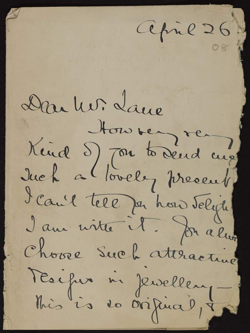Letter from Teresa Del Riego to Hugh Lane expressing her gratitude for his present of a ring to her, inviting him to her house to meet Frank Leadbitter and enquiring as to whether he is in town in June,