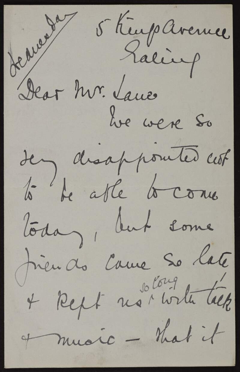 Letter from Teresa Del Riego to Hugh Lane apologising for not visiting "Mr. Millet's" studio, thanking him for the charming present and mentioning it is "much too good a reward for my singing",