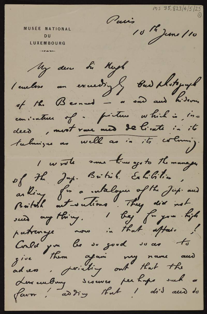 Letter from François Monod to Hugh Lane Including a photograph of the Besnard painting of interest to Lane,