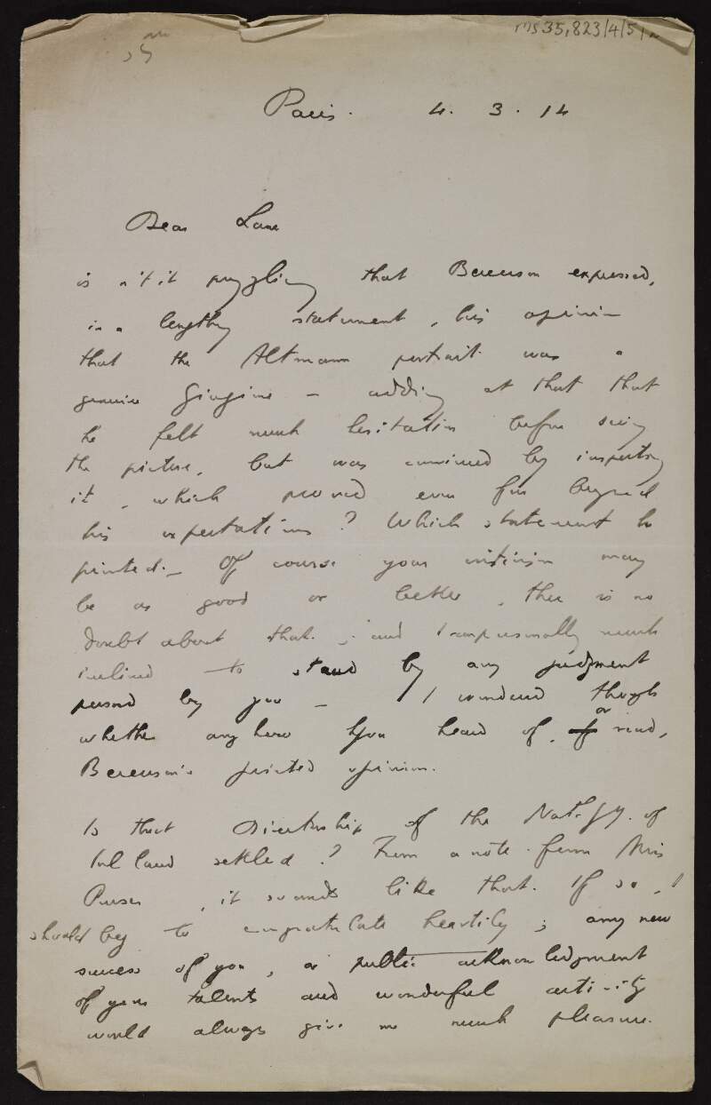 Letter from François Monod to Hugh Lane regarding the authentication of a picture,