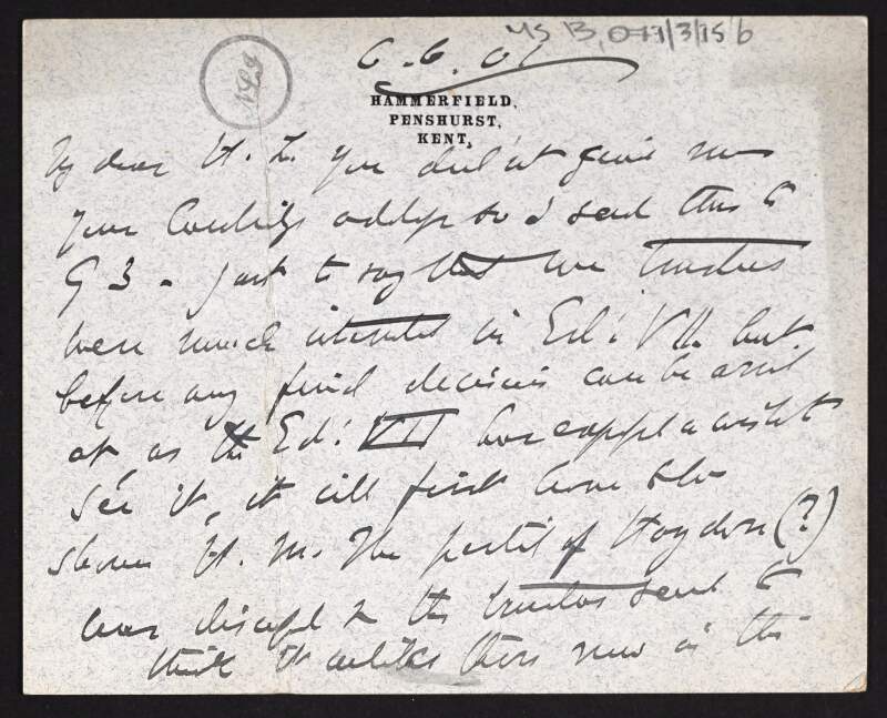 Card from Lord Ronald Sutherland Gower to Hugh Lane inviting him to visit,