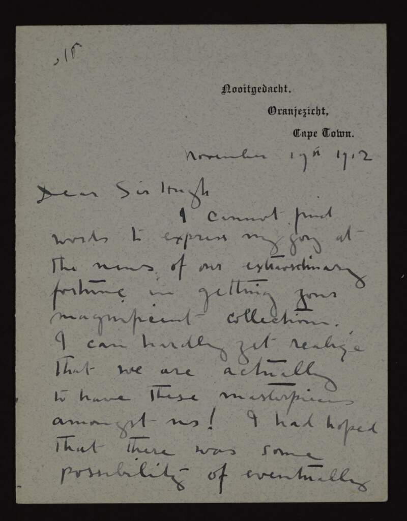 Letter from Edward Roworth to Hugh Lane, thanking him for allowing them to have his magnificent collection,