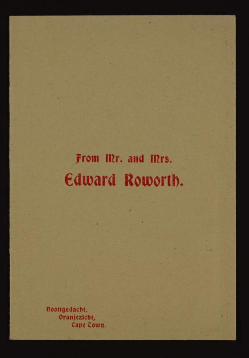 Christmas card from Edward Roworth and his wife to Hugh Lane,