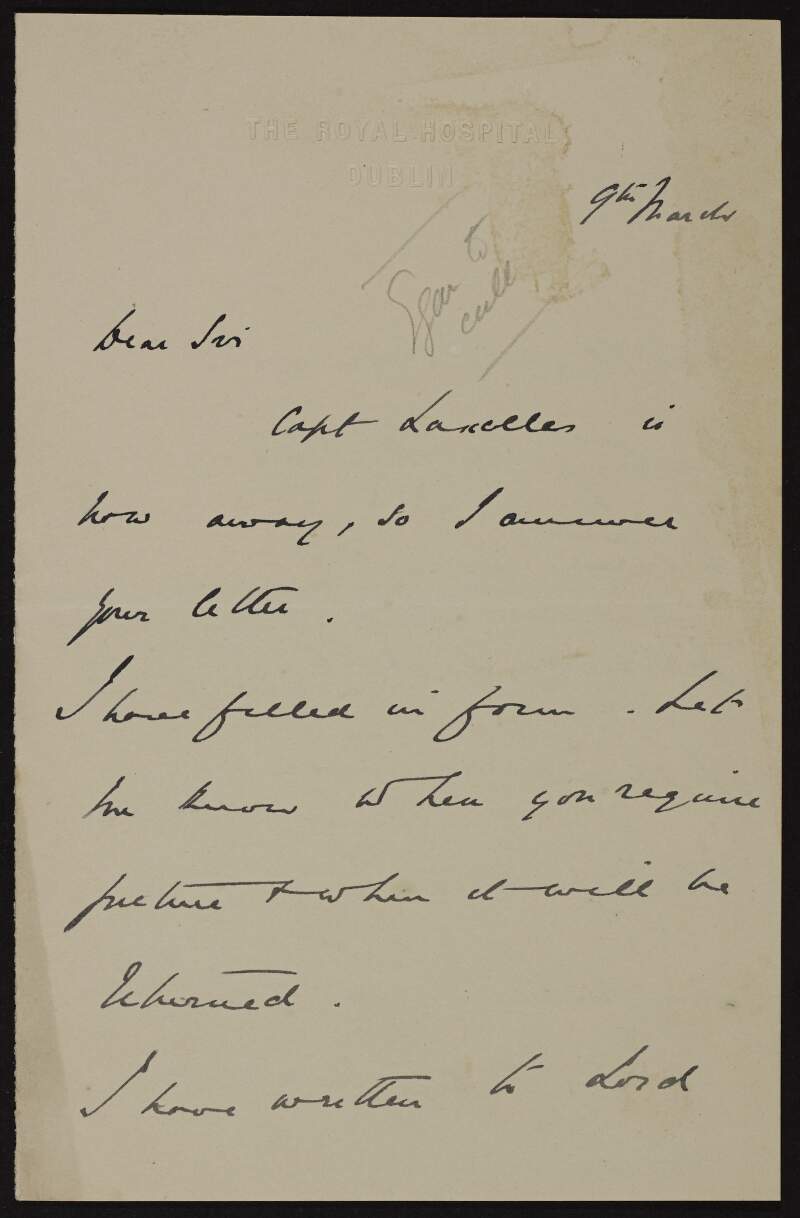Letter from Malcolm Murray of the Royal Hospital, Dublin, to Hugh Lane asking when he requires the picture and when it will be returned, and informing him that he has written to Lord Knollys, the King's secretary, regarding other pictures,