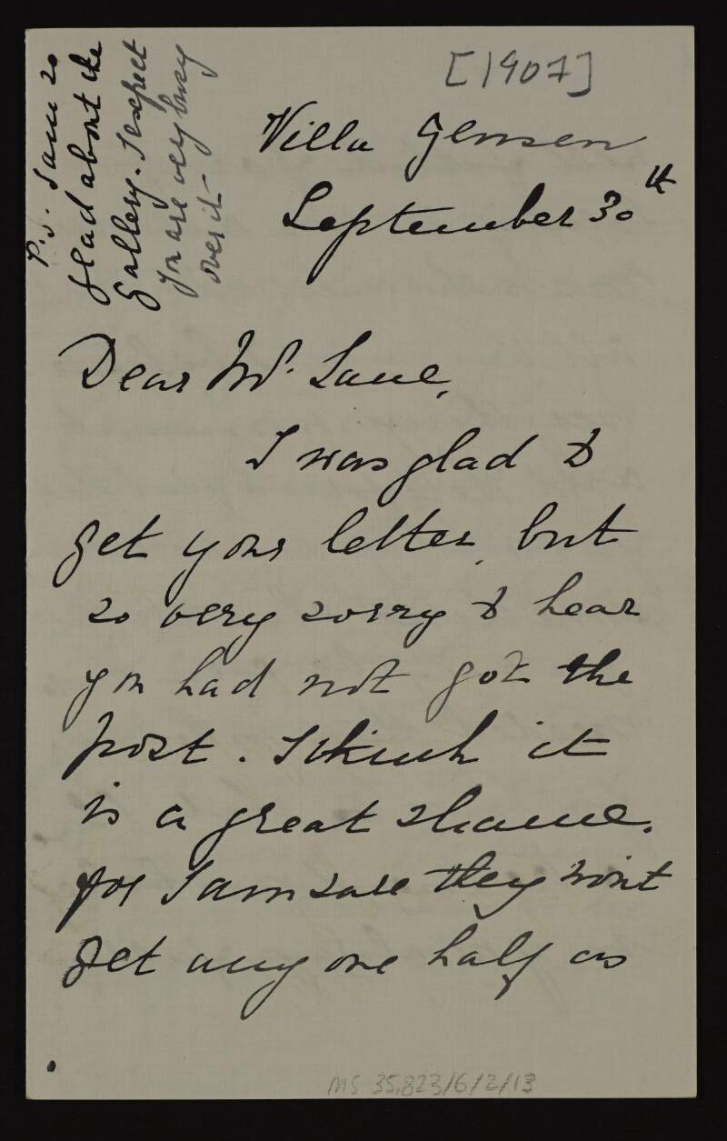 Letter from Ella Fry to Hugh Lane expressing her sympathy that he did not get the post and stating that she probably cannot afford to be painted by Mancini this year,
