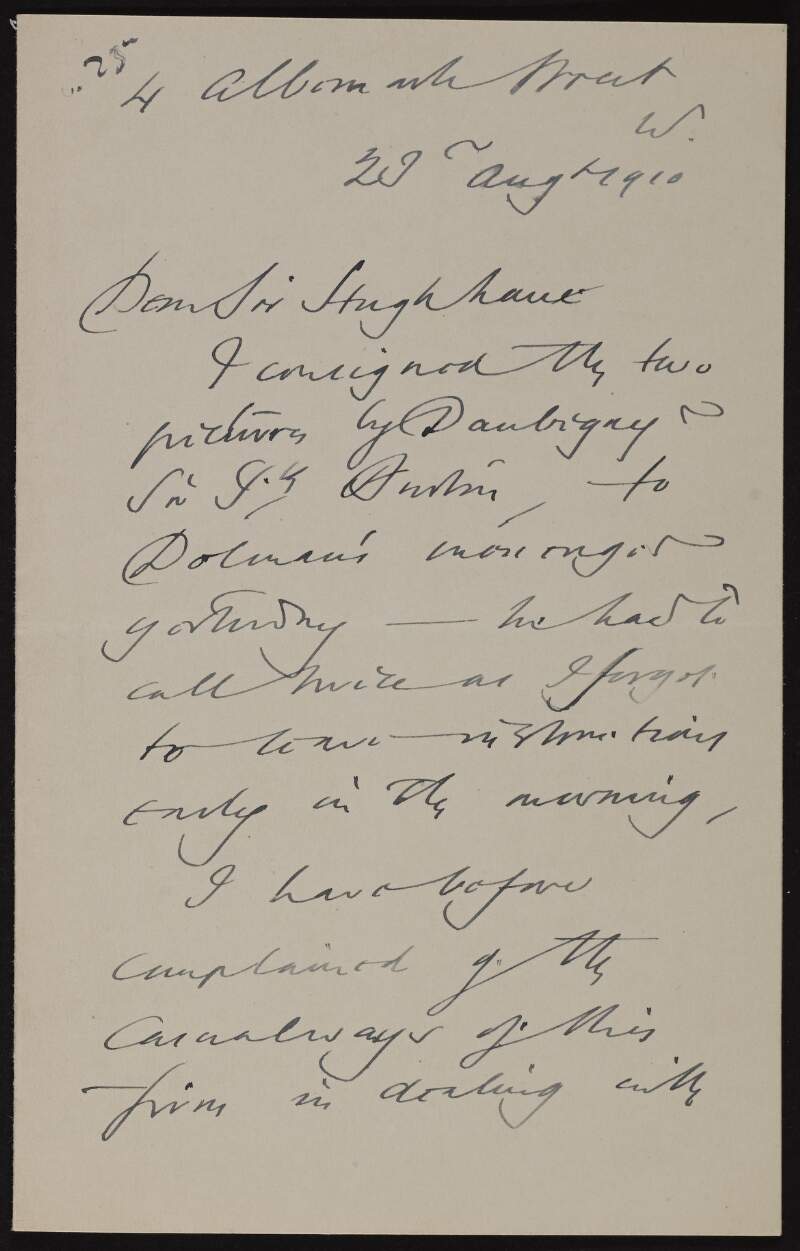 Letter from Charles James Murray to Hugh Lane regarding a firm's unprofessional approach in dealing with works of art,