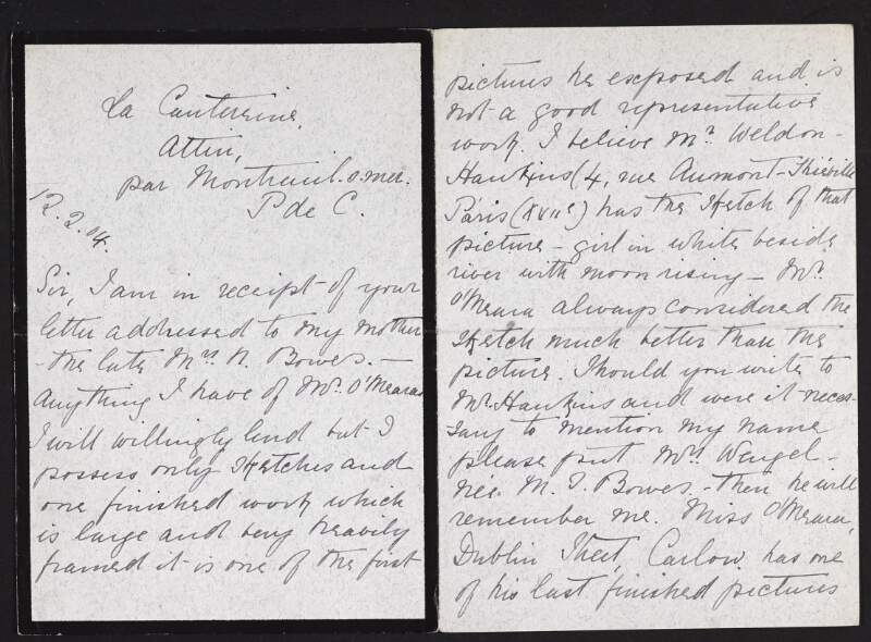 Letter from M.J. Wengel to Hugh Lane regarding the work of Frank Joseph O'Meara which Lane has requested for exhibition,