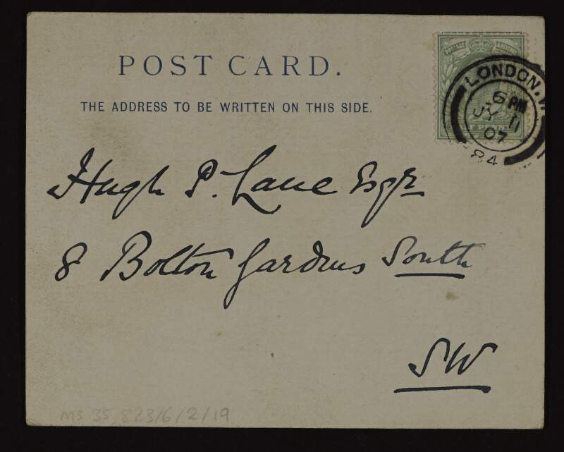 Postcard from unidentified author to Hugh Lane informing he is going to Henfield, Sussex and referring to a "Somersetshire man",