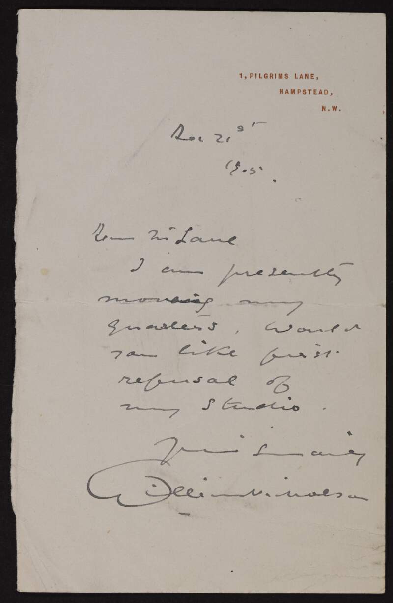 Letter from William Newzam Prior Nicholson to Hugh Lane asking if he would like first refusal of his studio,